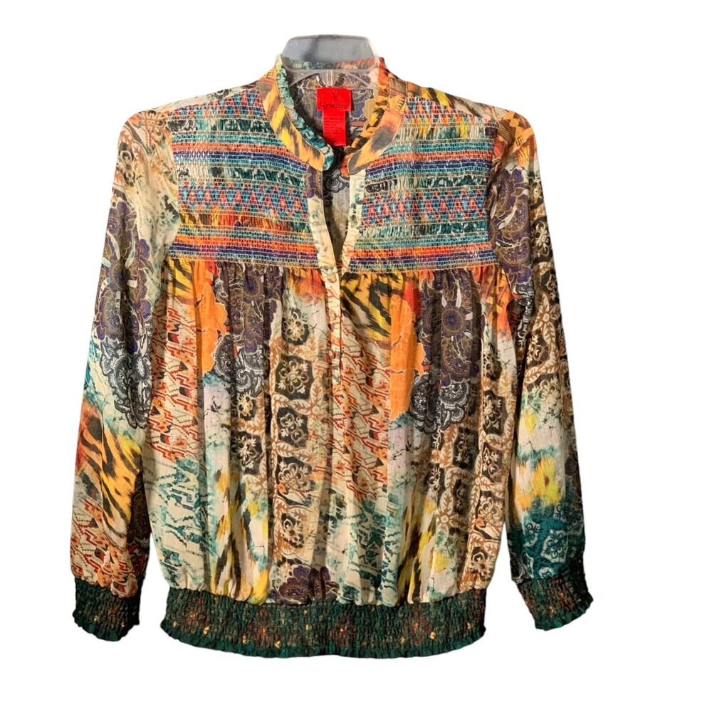 V Christina Size Medium Colorful Blouse Retro Sheer Top V Neck Boho Smocked